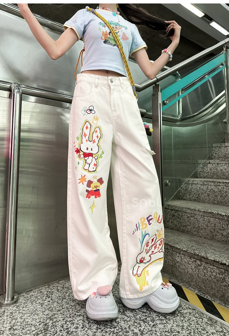 White Women's Jeans Cartoon Print High Waist Straight Jeans Wide Leg pant Loose Pocket Casual Pants Women 2025 New Summer