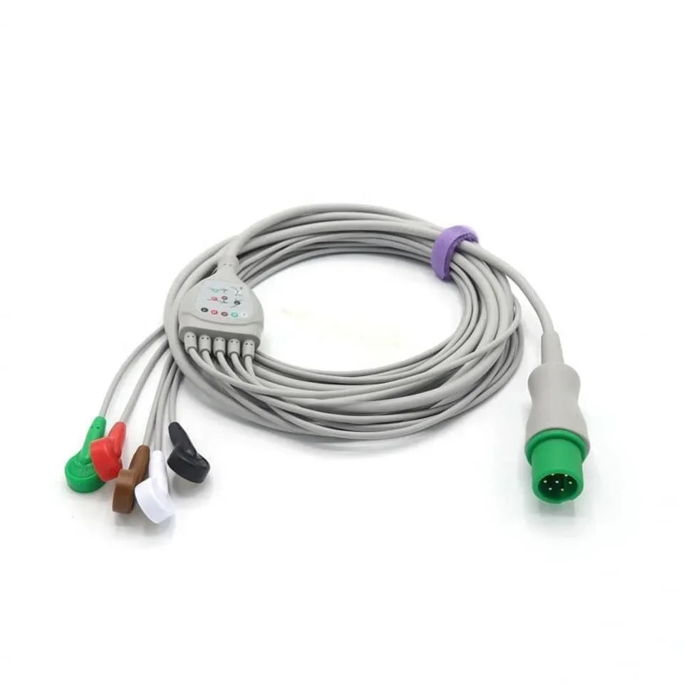 One-Piece Fixed EKG Leadwire – 7-Pin, AHA 5-Lead Snap, High Quality Factory Supply