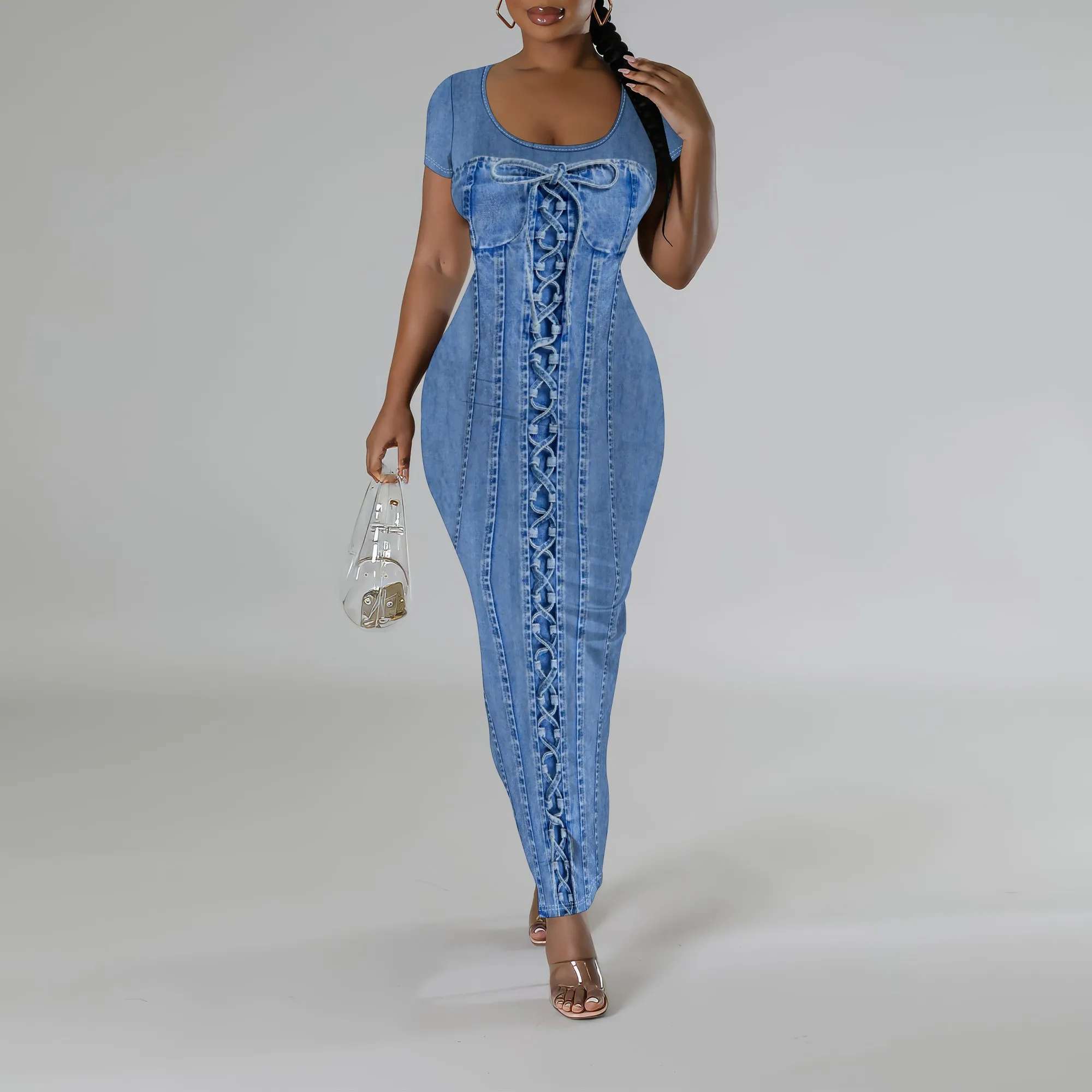 

SheFirstStyle Women’s Denim Look Lace-Up Bodycon Dress Short Sleeve Casual Streetwear Maxi Dress