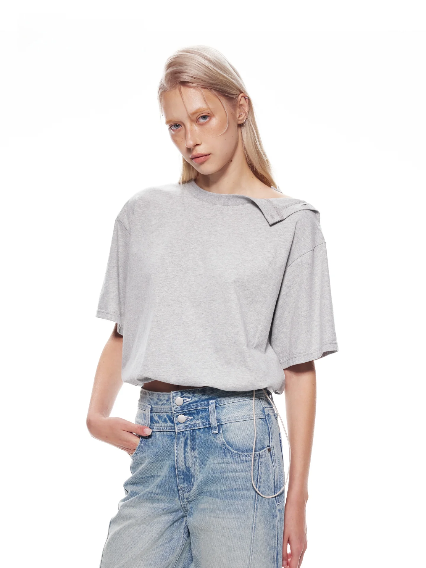 BGT Grey Off-Shoulder Short Sleeve Women's T-Shirt Summer New Short Style Base Shirt Loose All-Match Drawstring Waist Cool Fe...