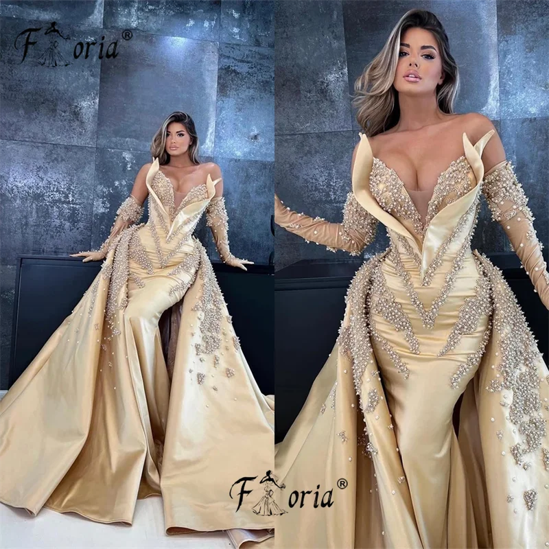 Vestidos de Festa Dubai Pearl beaded Evening Dress with overskirt นางเงือกสีทองชุดปาร์ตี้งานแต่งงานอาหรับสำหรับผู้หญิง