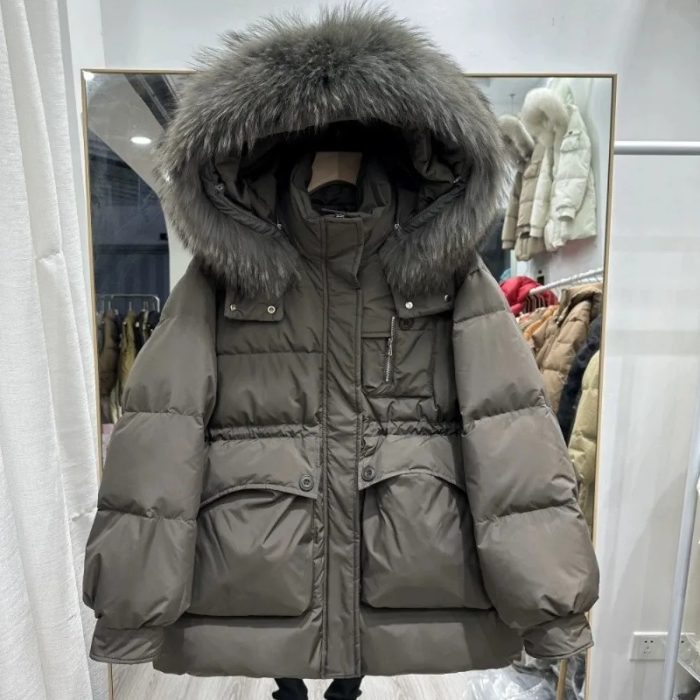 MENINA 중간 길이 후드 플러피 패딩 재킷 여성용 2025 겨울 상의 두꺼운 따뜻한 리얼 라쿤 퍼 덕 다운 코트