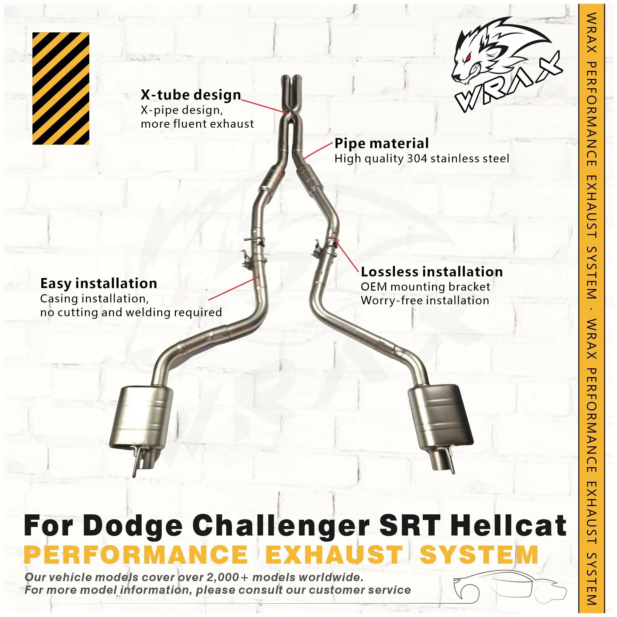 

WRAX Performance Exhaust for Dodge Challenger SRT Hellcat SS304 X-tube design Catback with OEM Valve Muffler