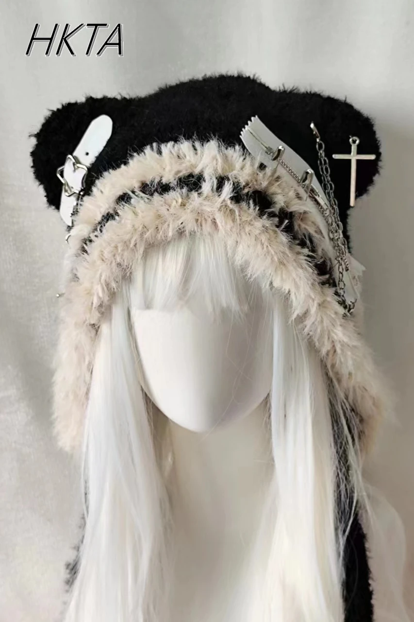 Cute Subculture Plush Cartoon Bear Hat Women Black Goth Style Cross Knitted Cap Punk Ear Caps Wool Warm Winter Hats