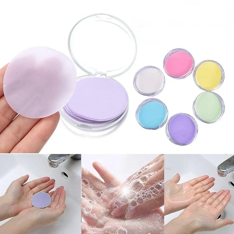 50 Stks/doos Wegwerp Zeep Papier Hand Wassen Mini Draagbare Zeep Tabletten Voor Mannen Vrouwen Zeep Vel Outdoor Reizen Leveringen 6 kleur