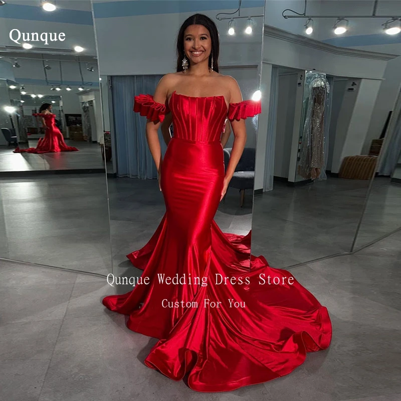 

Qunque Sexy Mermaid Evening Dresses Women Red Satin Sweep Train Short Sleeves Party Dresses Pleat Vestidos De Fiesta Customized