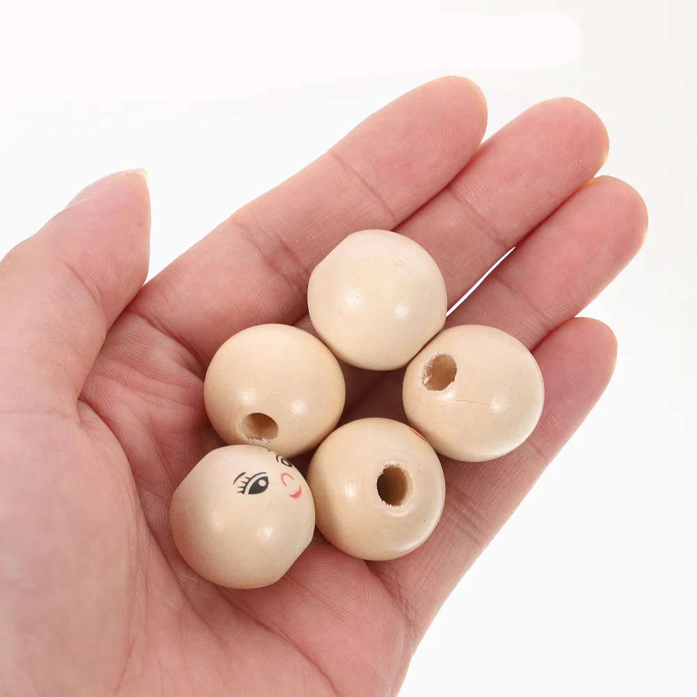 Beads With Face Round Wooden Smile Face Beads Wood Loose Round Spacer With Hole DIY Children\'S Beads Log Color Face Head