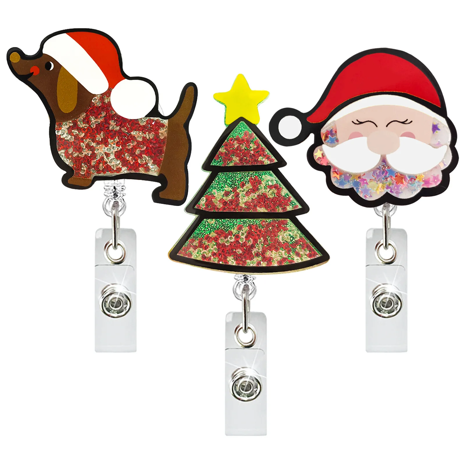 

Christmas Acrylic Quicksand Dog Santa Claus Christmas Tree Glitter Gingerbread Man Rotating Retractable Badge Reel Badge Holder