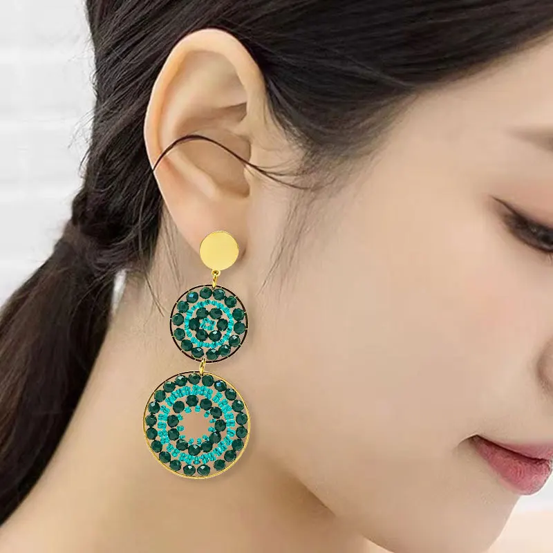 ZGMXR Rice bead earrings Recessed design Crystal Double-layer Circle Fashion Hand weaving Alloy  Woman Bohemia Beaded earrings