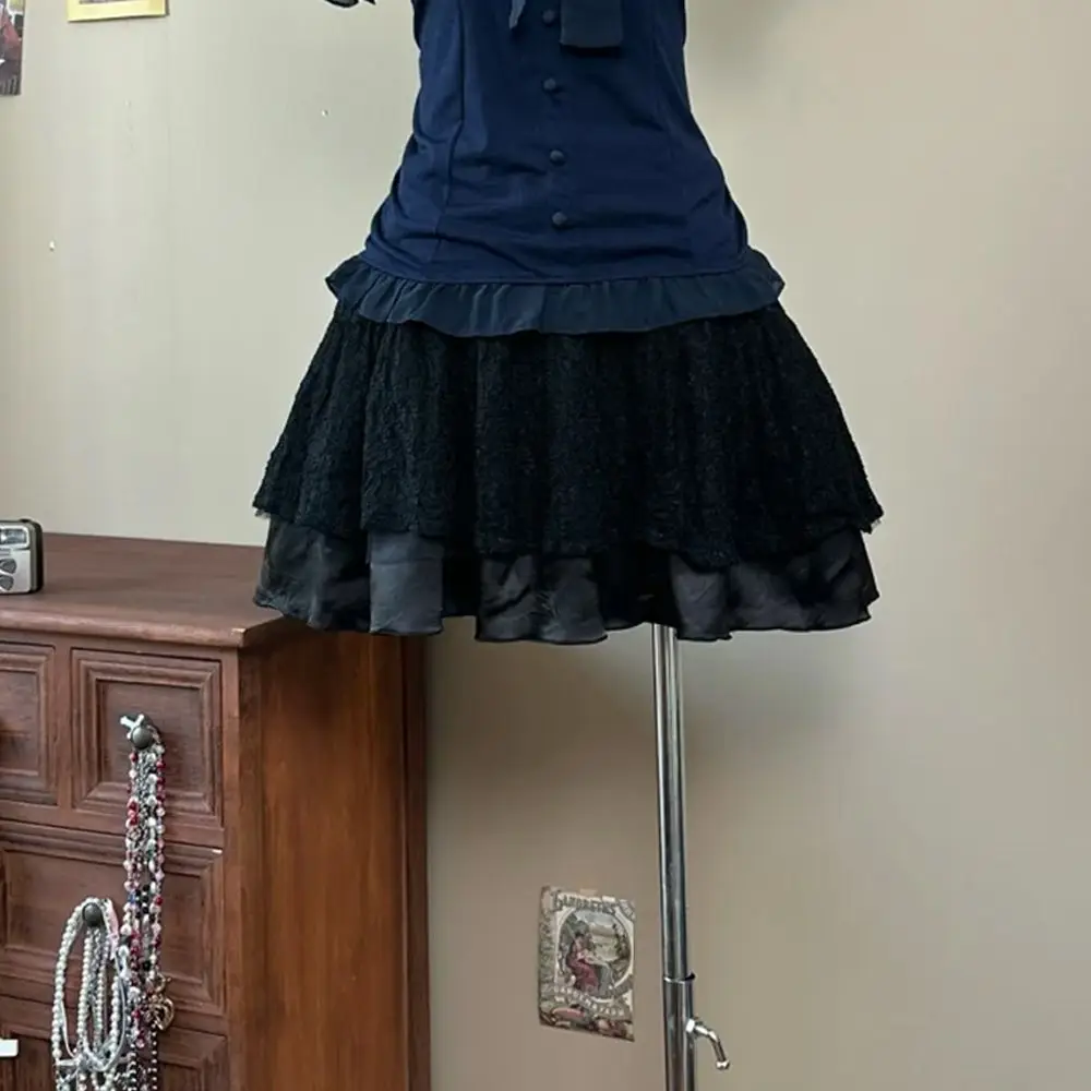 مجموعة كلاسيكية مكونة من قطعتين من الدانتيل Y2k فساتين نسائية بفيونكة ورقبة مربعة على الطراز القوطي الشرير Harajuku ثوب كوري 2000s Emo Grunge Lolita Kawaii