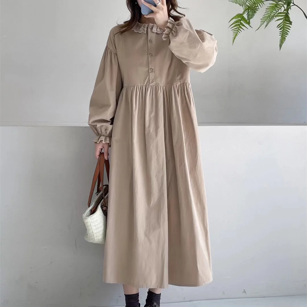 

Japanese Sweet Mori Girl Solid Color Lace Half Open Collar Dress Women Spring New Long Sleeve Casual Loose Elegant Long Dress