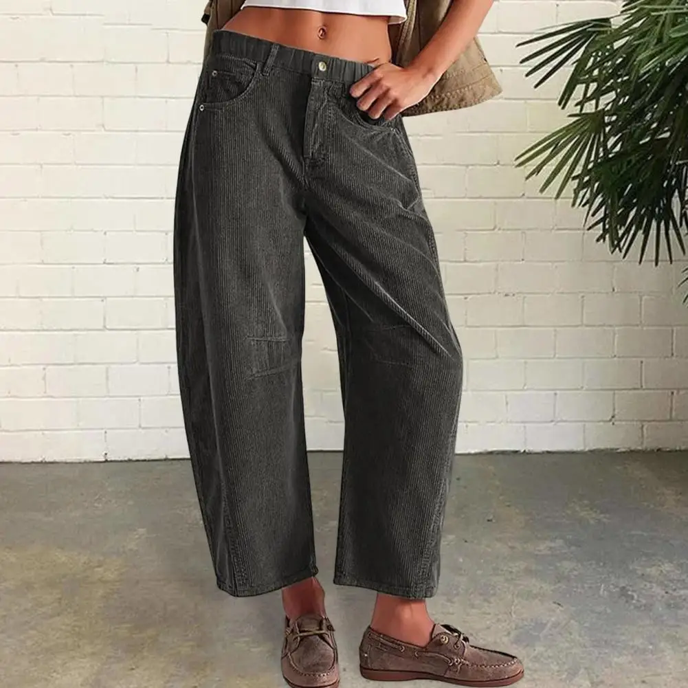 Classic High Waist Slim Fit Corduroy Pants Women's Casual Trousers Trendy Long Pants Autumn Street With Pockets Solid Color