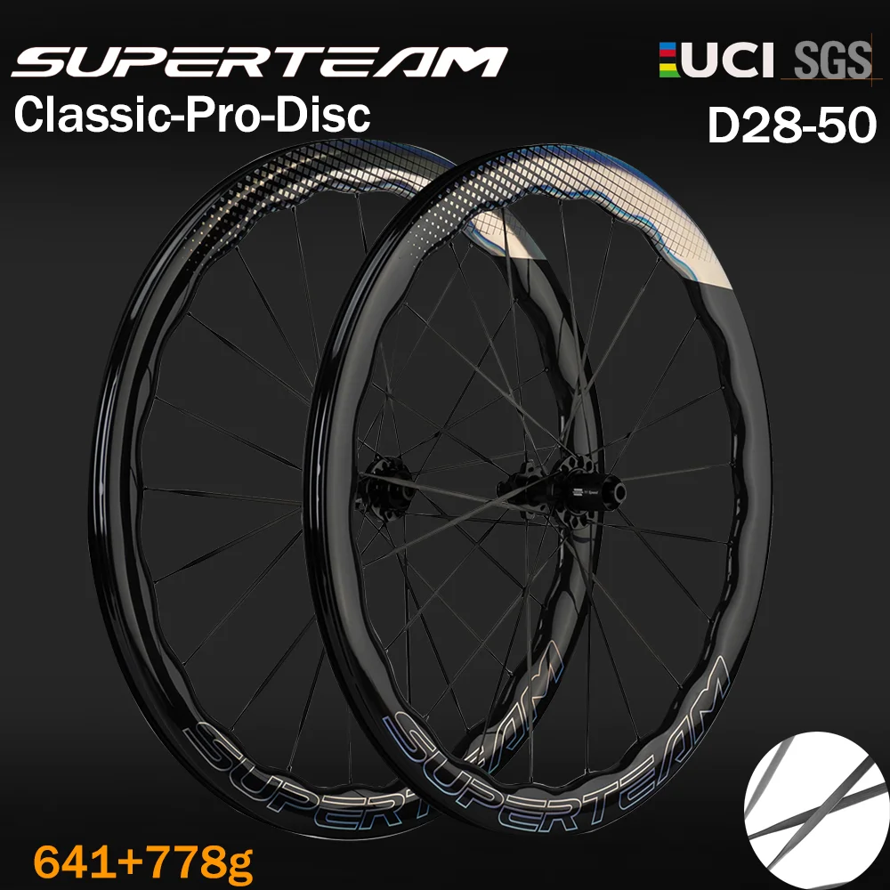 Superteam D28-50 Disc Brake Road Bike Wheelset 700c Carbon Gloosy UCI Bicycle Wheel with Carbon Spokes
