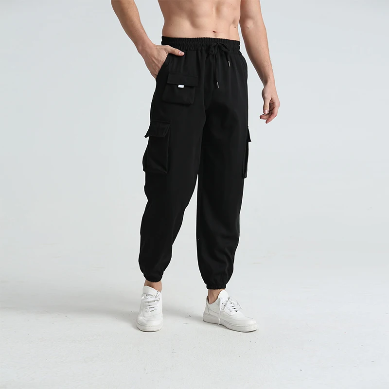 Men s Sports Cargo Pants Plain Drawstring High Waist Loose Casual Trousers with Pockets
