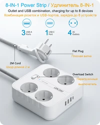 LENCENT EU Plug Power Strip with 4 AC + 3 USB + 1 Type C 2M/3M Braided Cable 700J Surge Protection Socket with Switch for Home