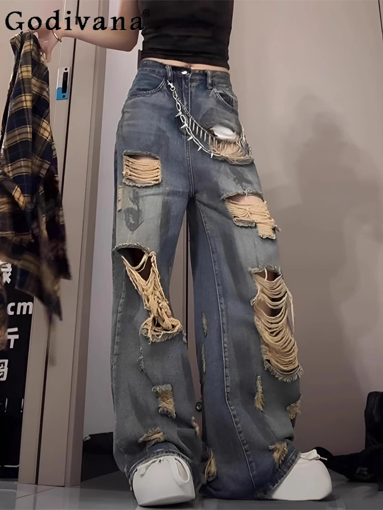 

Large Size 2XL-6XL American High Street Retro Girl Chic Ripped Jeans High Waist Spring Autumn Loose leisure Versatile Blue Pants