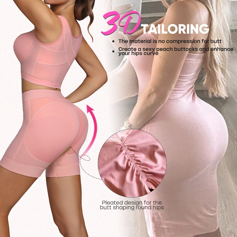 2pcs Women Pink Firm Shapewear Set Post Surgery Stage 2 Faja Shaper Bra Tops And Butt Lifter Open Crotch Shaper Shorts