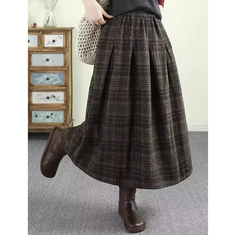 

Retro Heavyweight Wool Plaid Skirt Women's Autumn Winter Warm Long Skirt Midi Plaid Skirt Thickened Skirt Commute Style