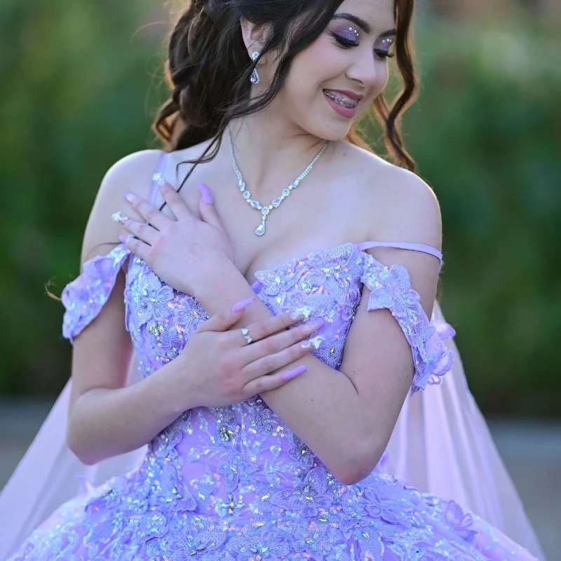 Lavender Princess Quinceanera Dresses Ball Gown Off The Shoulder Floral Lace Beads Corset Sweet 15 Vestidos De XV Años