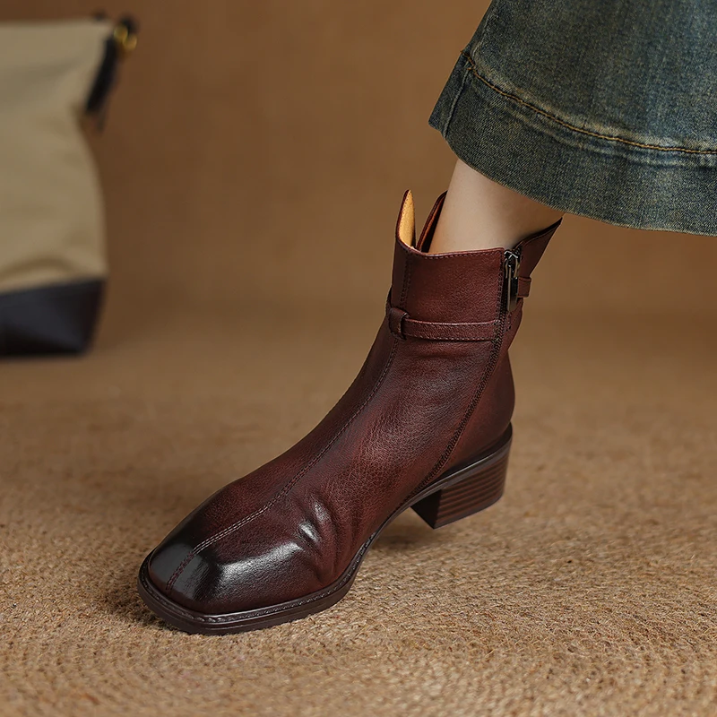 Stivali da donna invernali scarpe in vera pelle per donna scarpe con tacco grosso con punta quadrata stivali Chelsea con cerniera scarpe Casual nere