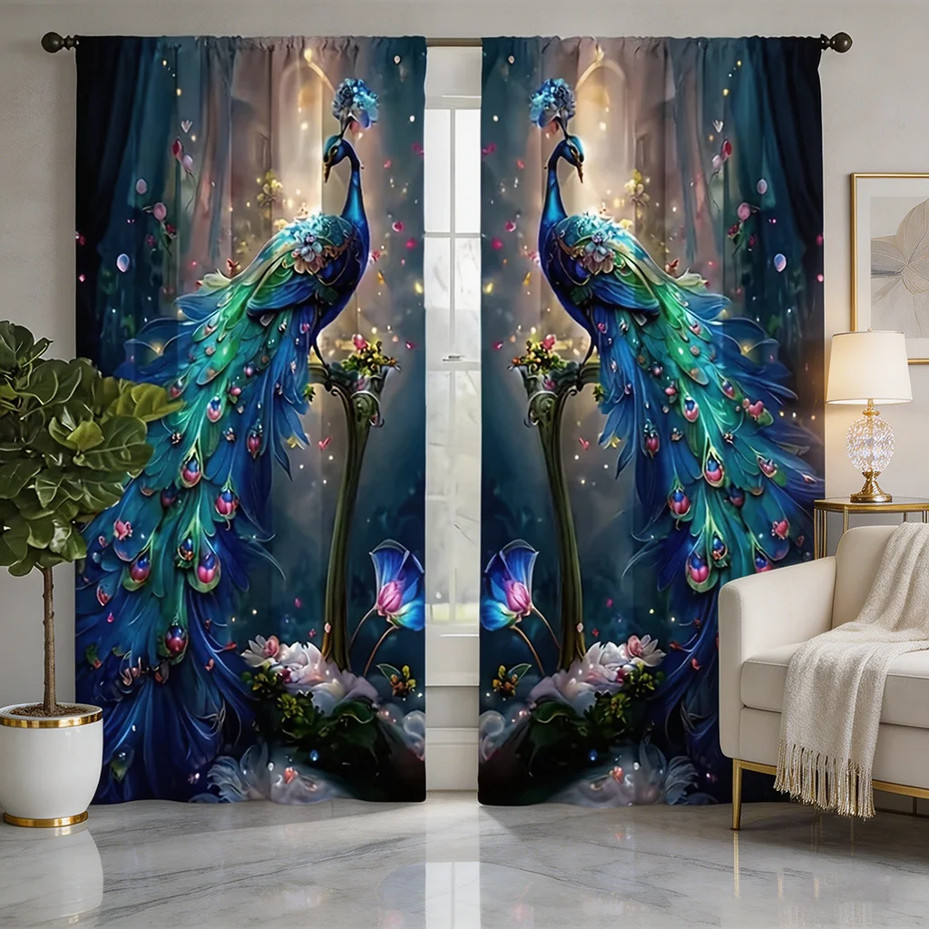 2 pieces of jade symmetrical peacock pattern printed curtains with pole bag design, suitable for bedrooms and living rooms