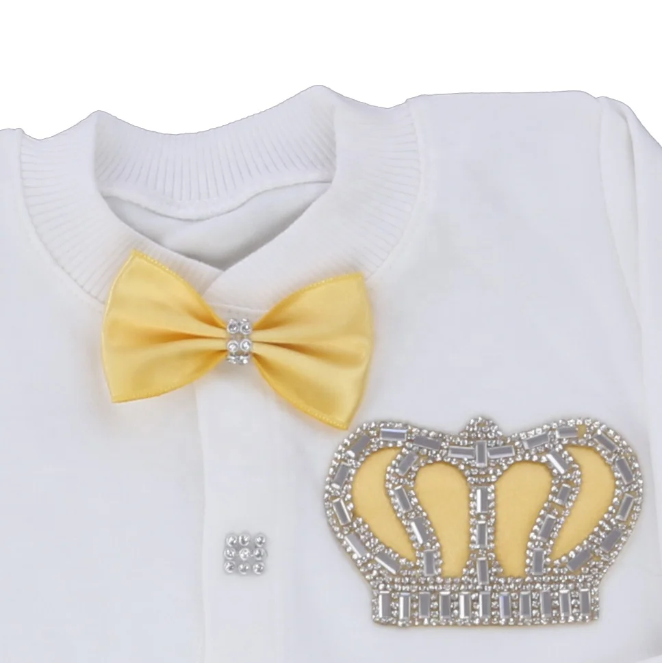 Footed Romper Newborn 0-9 Months 4 Piece Set White Yellow Crown Bow Prince Royal Boutique Baby Shower Gift With Hat Mittens Shoe