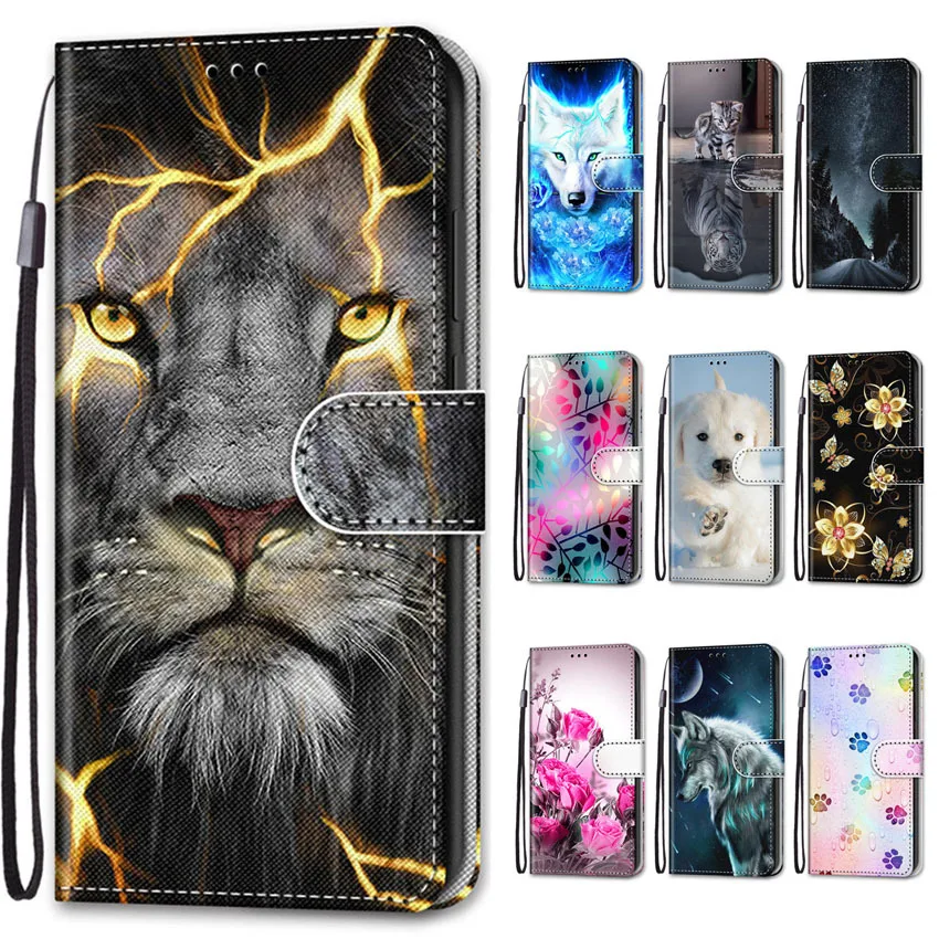 Leather Case For Samsung Galaxy A20 A20S A20E A21S A22 A23 A24 A25 A30 A31 A32 A33 A35 5G 4G Wild Rose Lion Wolf Cat Dog Cover