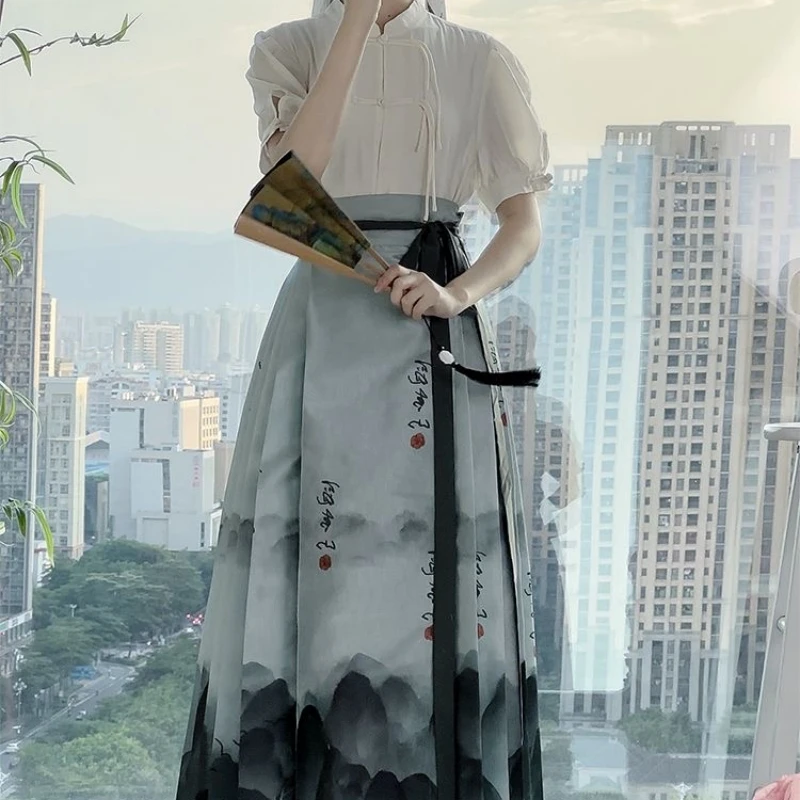 

Women Asian Chinese Traditional Hanfu Printing Vintage Ming Dynasty Horse Face Pleated Skirt Stand Collar Shirt 2 Pieces Suit