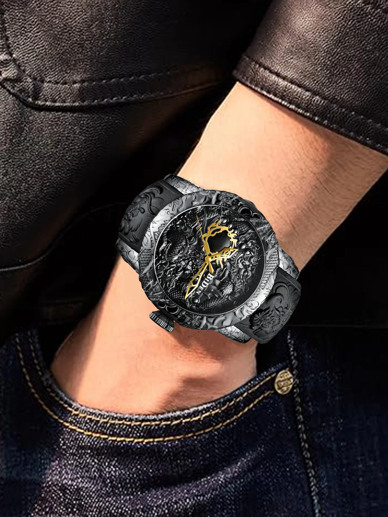 BIDENHigh end atmospheric men's watch with large dial3D carved dragon waterproof sports quartz watch Men's silicone strap clock