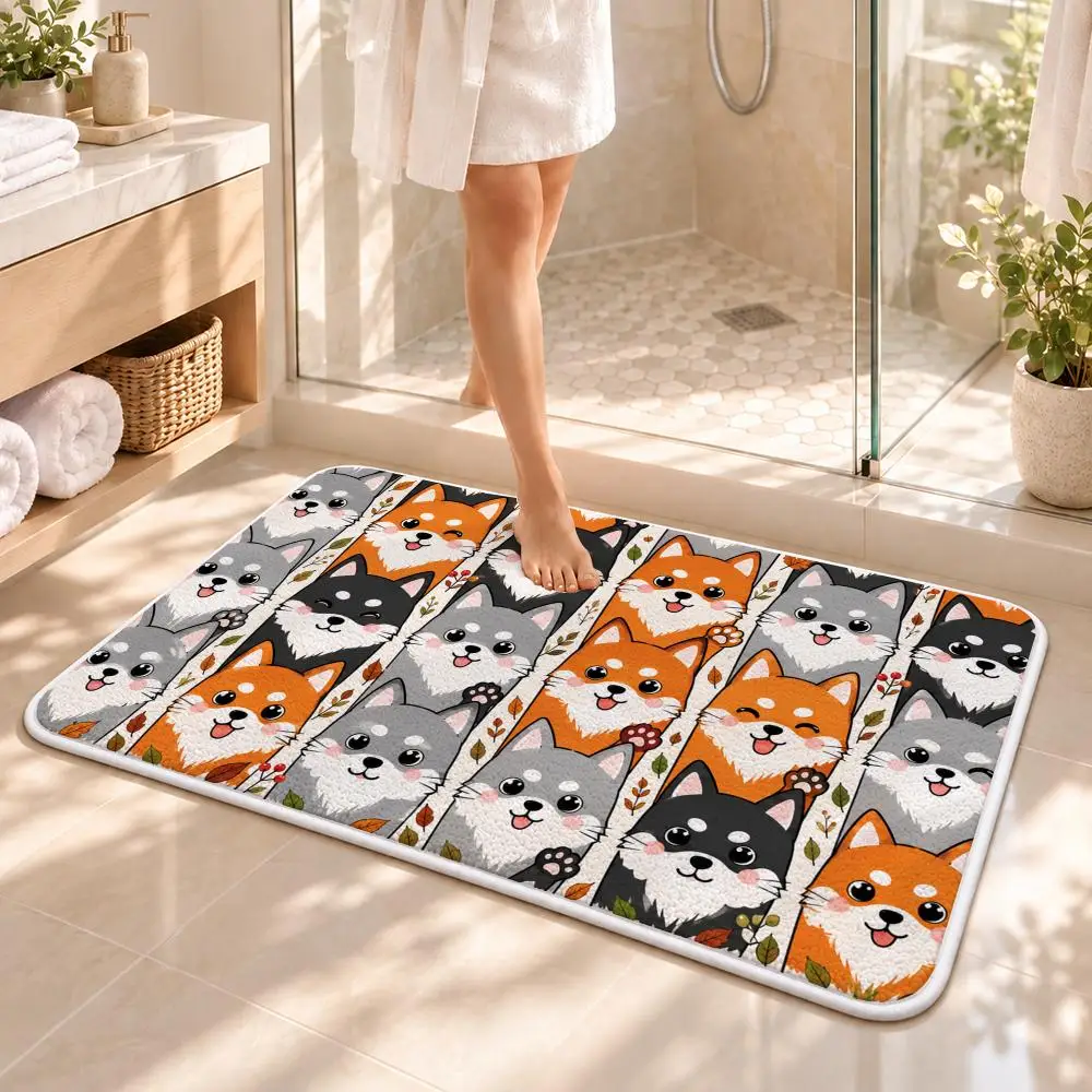 Cute Animal Face Seamless Floor Mat Flannel Rug Soft Non Slip Washable Door Mat for Bathroom Bedroom Kitchen Home Decor