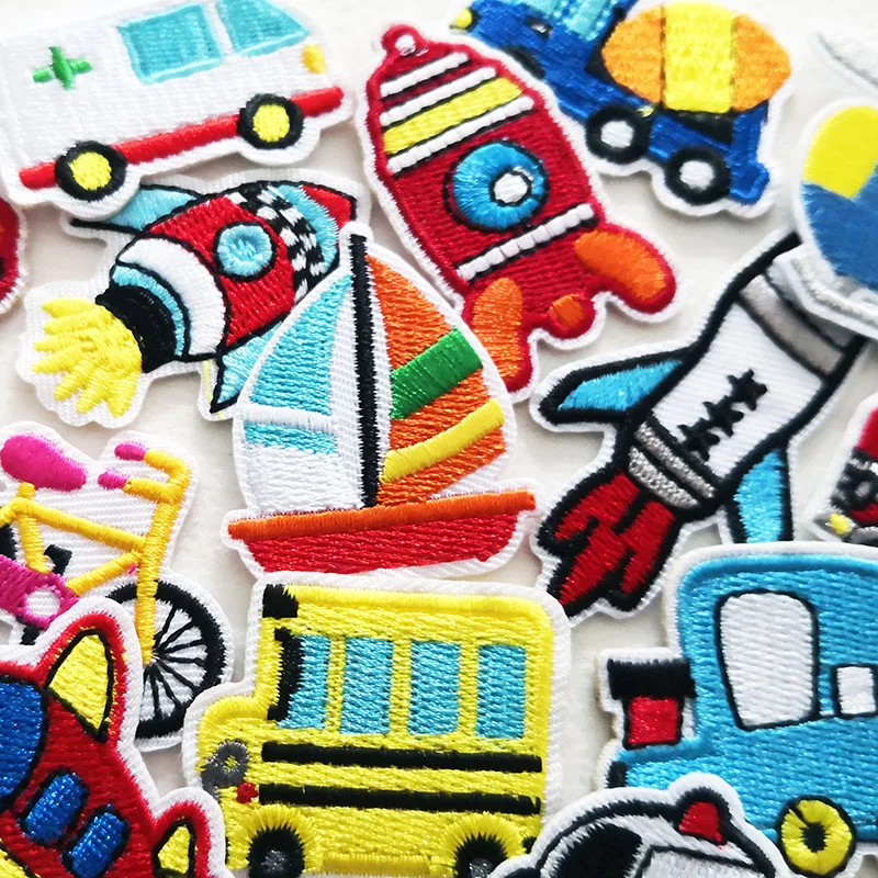 30pcs/lot Mixed Rockets Cars Patches Ironing for Cloth Children Cute Embroidered Stickers Kids Small Size DIY Sewing Appliques