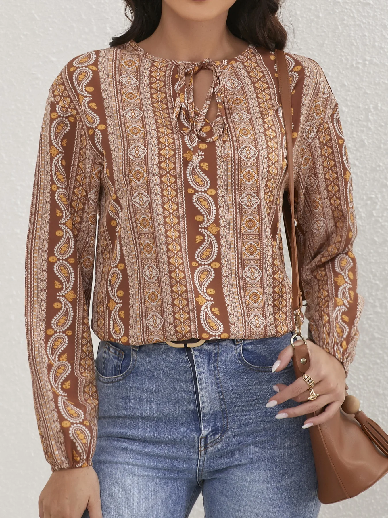 Ladies Paisley Print Tied Crew Neck Blouse Casual Long Sleeve Blouse Women Tops Shirts