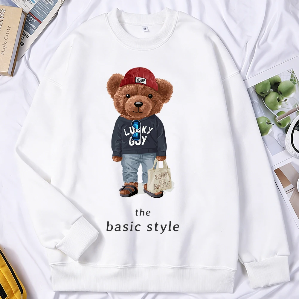 

Базовые наряды для мужчин с мультяшными медведями, уличная одежда с круглым вырезом, модный свободный флисовый пуловер с длинными рукавами, осенняя универсальная одежда унисекс