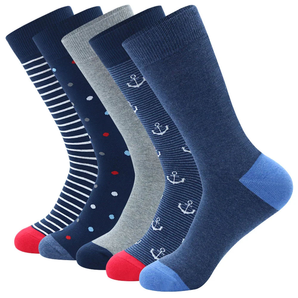 5 Pairs Fashion Colorful Business Men Dress Socks High Quality Stripe Dots Anchor Large Size Men Cotton Socks Size EU41-48