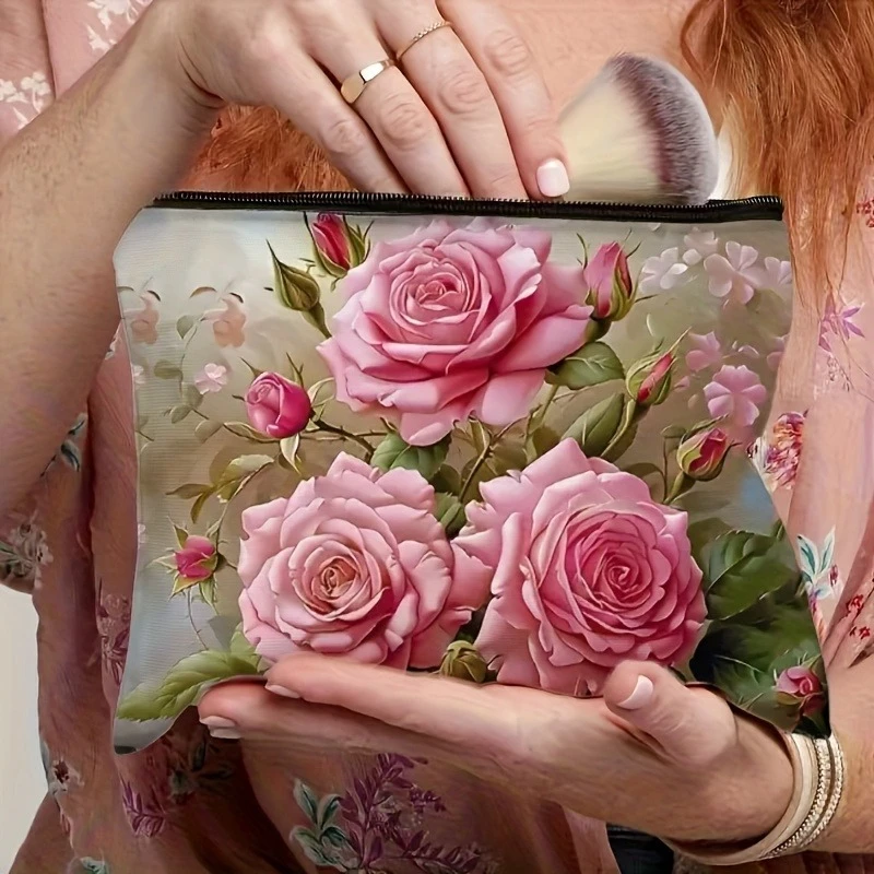 Floral Print Cosmetic Pouch Chic Pink Roses & Greenery Lightweight Foldable Zippered Makeup Bag, Travel Toiletry Organizer Bags