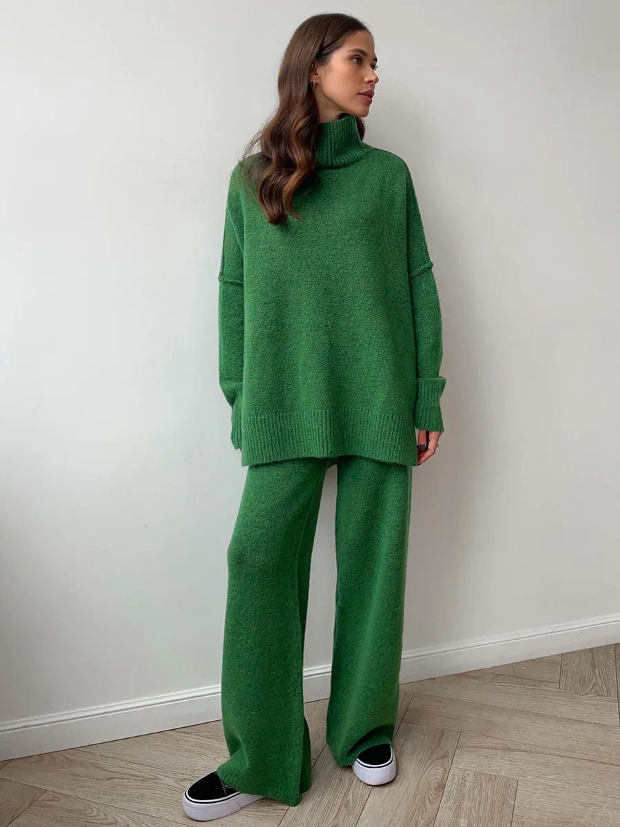 High-necked Sweater And Wide Leg Pant Winter Wome Suit Loose Knit Pullover Top And Long Trouser Two Piece Set Casual Outfits