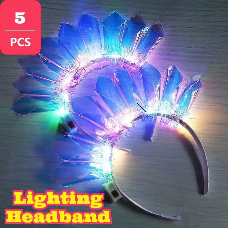 5PCS LED Glowing Headband Laser Holographic Colorful Film Hair Hoop Creative Flash Headwear Stage Evening Performance Carnival