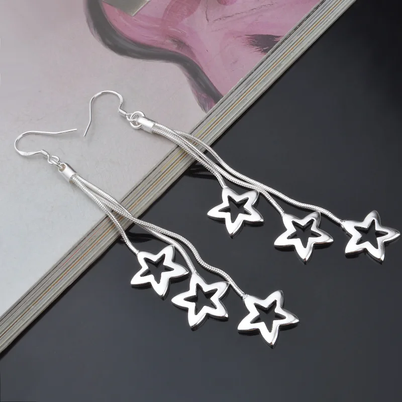 High quality noble 925 Sterling Silver Tassel hanging stars Earrings for woman fashion wedding party Jewelry Christmas Gift