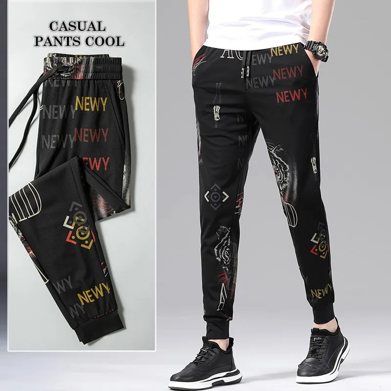

Ice Silk Thin Men's Pants Fashionable Brand Slim Fit Printed Cuffed Long Casual Fashion Workwear Sweatpants Summer Leisure