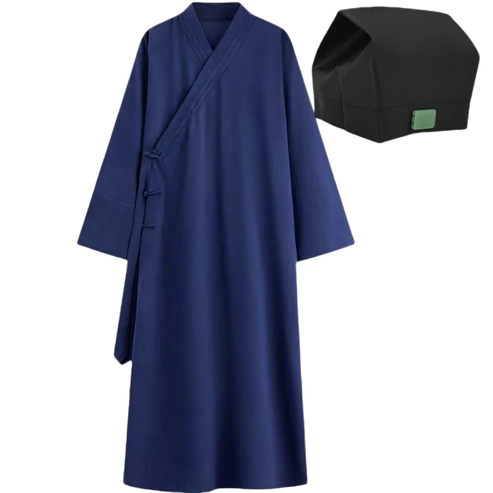Traditional Chinese Taoism Robe Set Wudang Taoist Priest Clothing Cross-collar Long Coat Loose Pants with Tao Hat for Spiritual