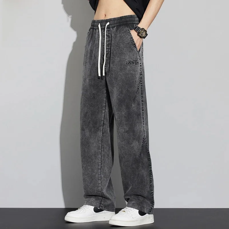 

Snowflake Lyocell Men's Casual Pants Summer Thin Loose Straight Leg Breathable Cool Feeling Ice Silk Long Trousers