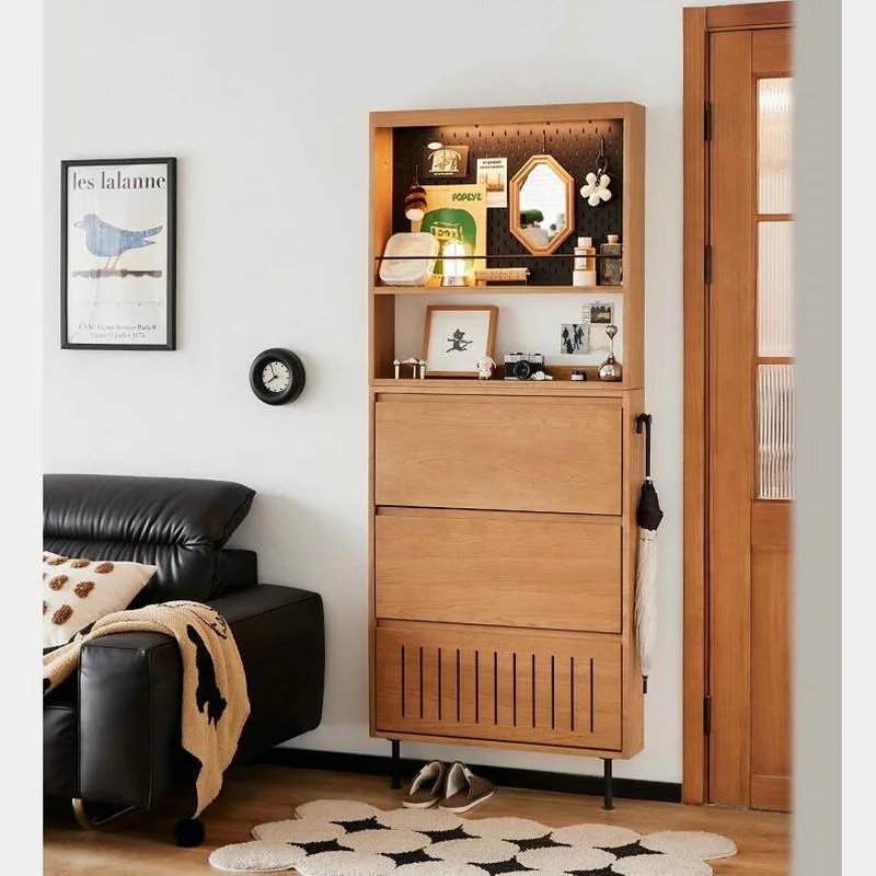 Japanese-style solid wood multi-functional entrance ultra-thin shoe cabinet Nordic cherry wood home door extremely narrow