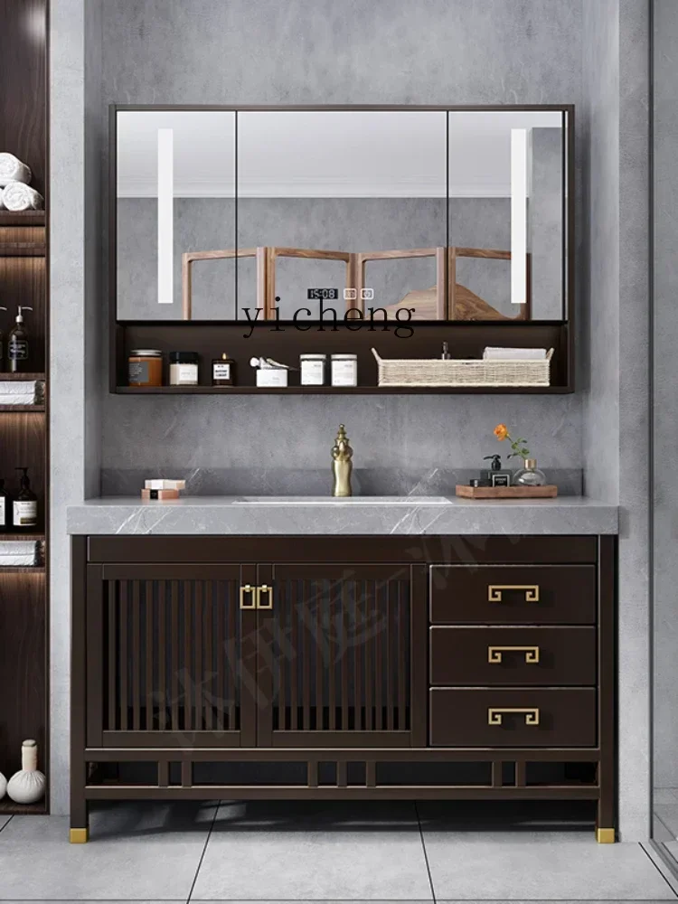 i10.10-Oak Bathroom Cabinet Stone Plate Wash Basin Smart Mirror Cabinet Washstand Washbasin Cabinet