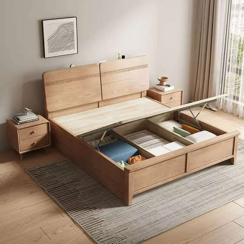 ￥#Nordic Bed Lit 2 3 Places Bedroom Furniture King Size Storage Ash Bed Frames With Lamp Hydraulic Box Wooden Beds Set