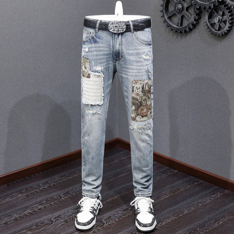 

Street Fashion Men Jeans Retro Washed Blue Stretch Slim Fit Ripped Jeans Men Embroidery Patched Designer Hip Hop Denim Pants