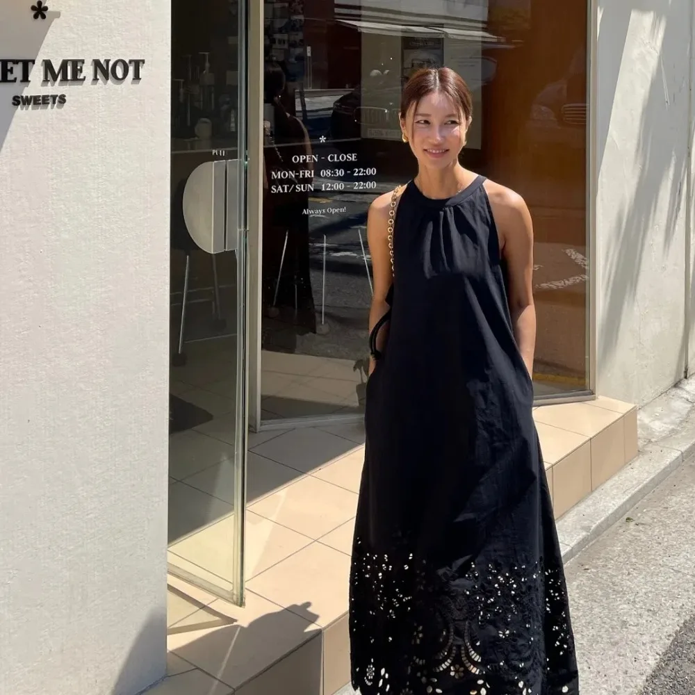 100% puro cotone vintage lungo vestito dal carro armato delle donne di estate halter pizzo orlo cavo senza maniche allentato a-line vestito estivo femminile 2025