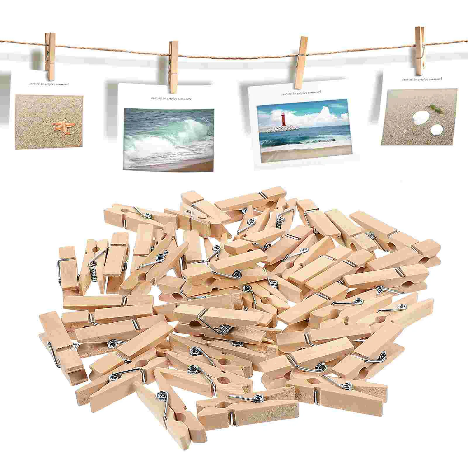 

100pcs Wooden Clips for Photos Cards Rope 100m Decorative Picture Clamps Home Office Party Gifts Sturdy Premium Wood