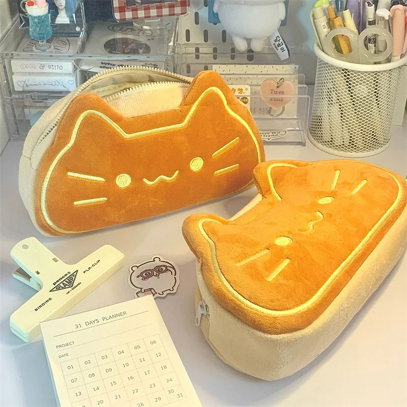 Kawaii Soft Cat Pencil Case Two Layers Cute Cartoon Pencil Bag Korean Stationery Cosmetics Pencil Pouch School Office Supplies