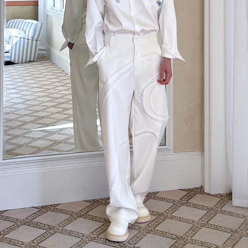 WVGA Spring Autumn New Men Sequin Design Trendy Wide-leg Trousers Loose Niche Chic Casual Draped Straight Suit Pants Ins W24794