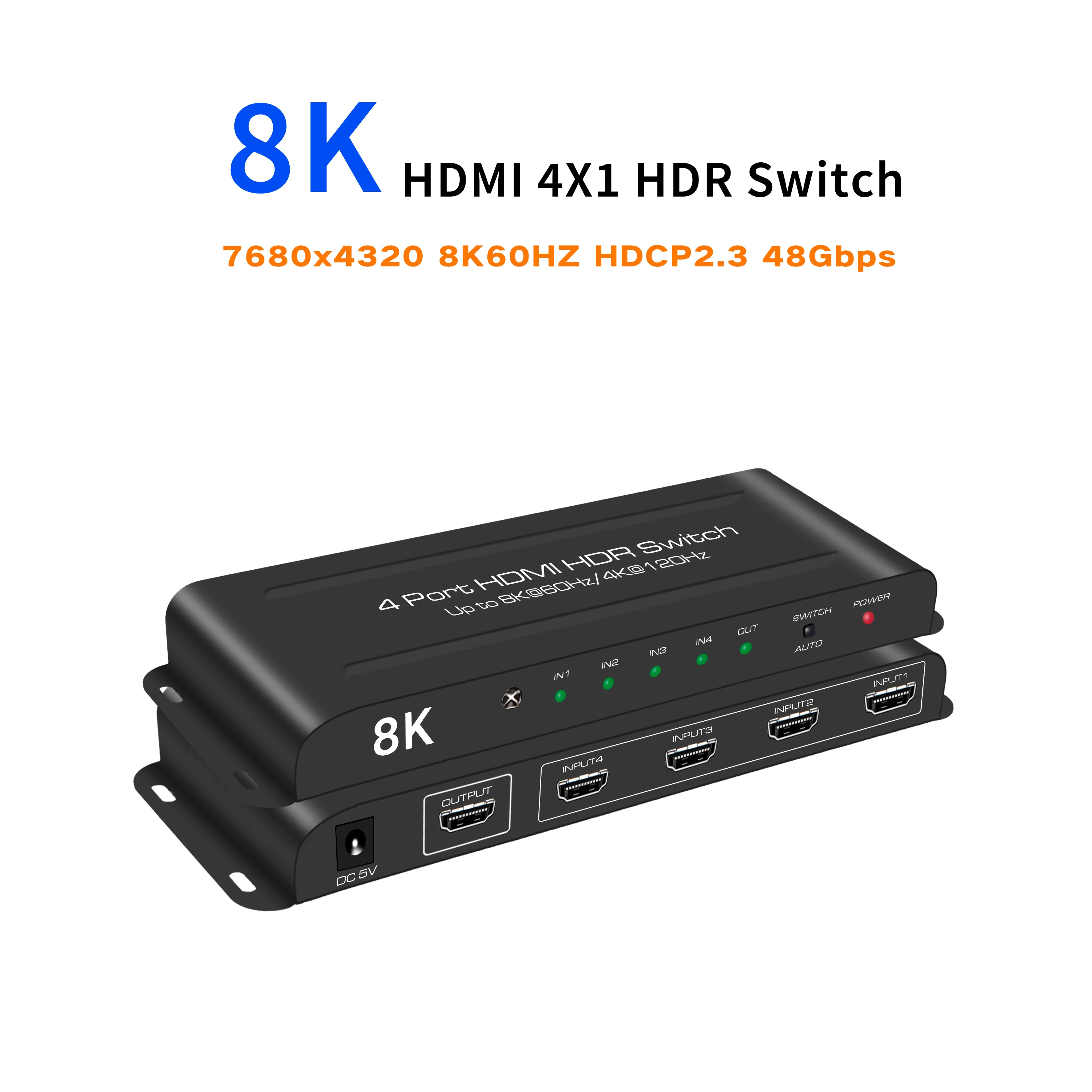 HDMI2.1 Switcher 4x1 Selector 4K@120Hz 8K@60Hz VRR ALLM Dolby Atmos 48Gbps HDR10+ HDCP2.3 Support PS5 XBOX Series X